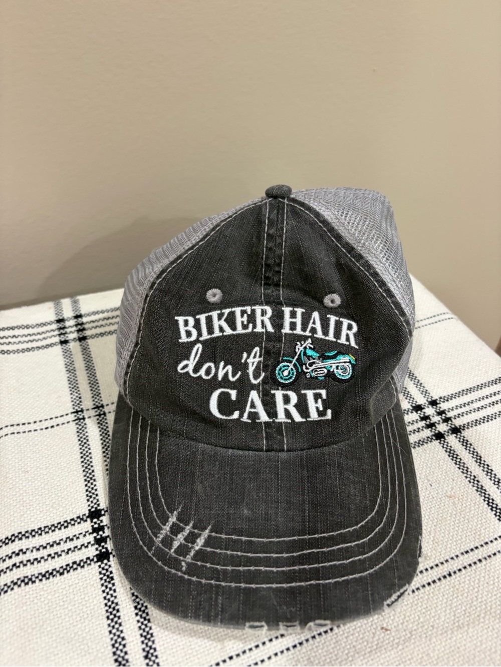 Biker Hair Don't Care Distressed Trucker Hat - Black & Gray